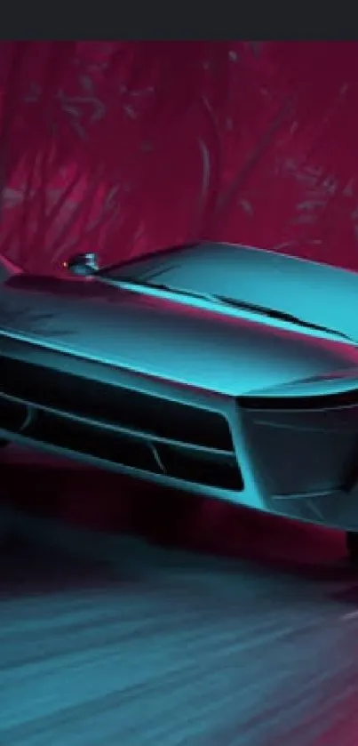 Futuristic neon car on dark road wallpaper.