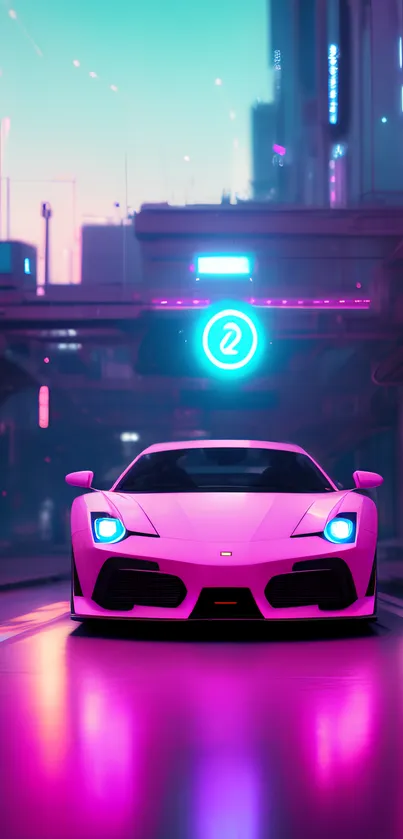 Futuristic neon pink car in city at night.