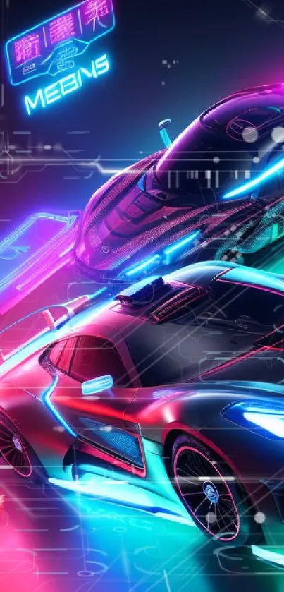 Futuristic neon sports cars with vibrant colors on mobile wallpaper.