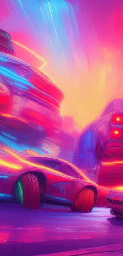 Futuristic neon cars racing with vibrant colors.