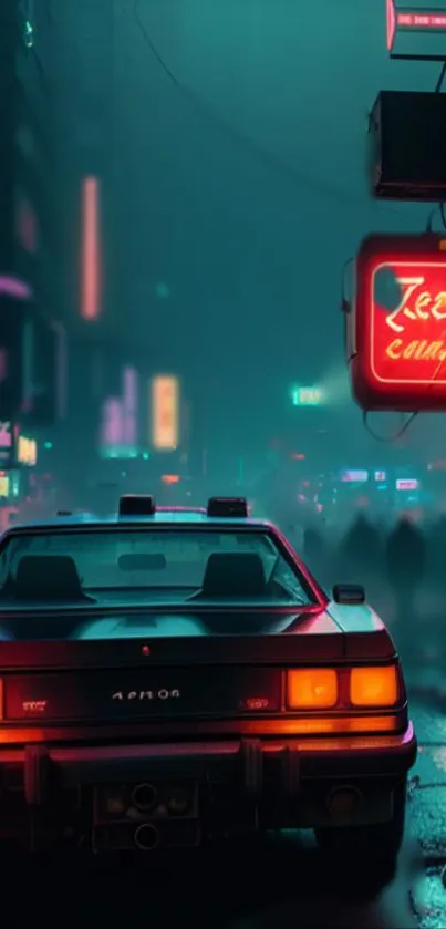 Night cityscape with neon lights and a retro car in cyberpunk style.