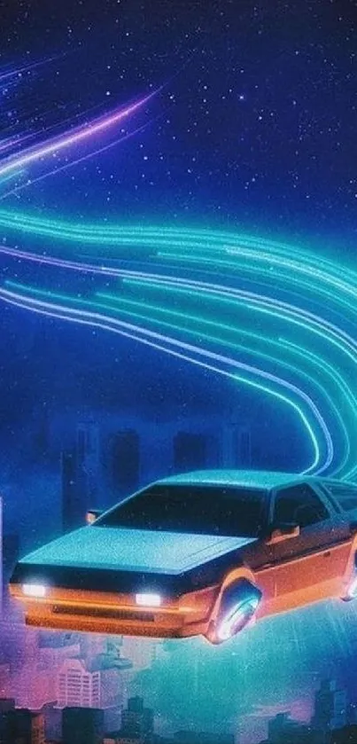 Futuristic car with neon trails over a vibrant cityscape.