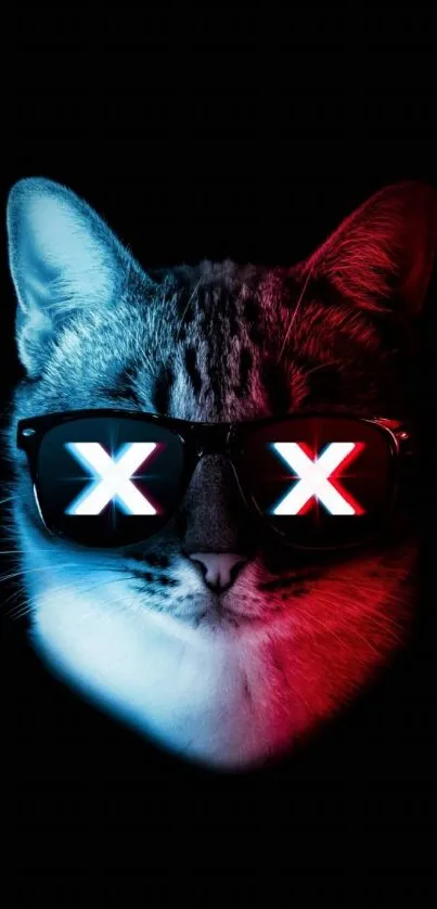 Futuristic cat with neon glasses on black background.