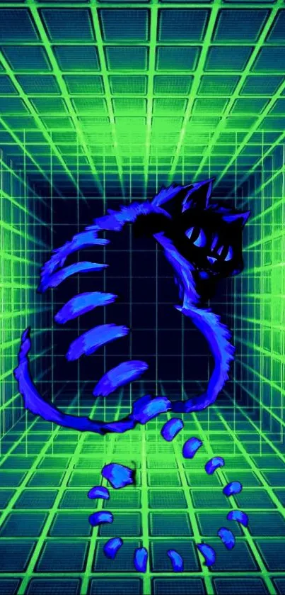 Futuristic neon blue cat in a green grid pattern.