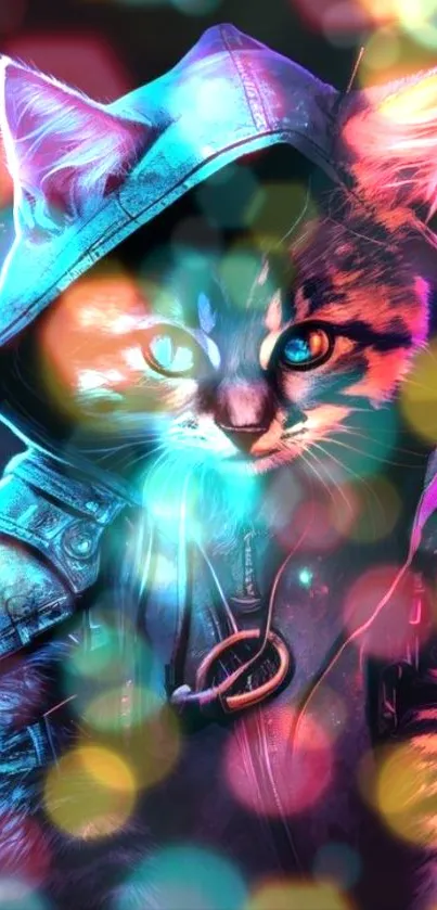 Futuristic neon cat wearing a hoodie with vibrant glowing colors.