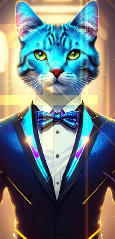 Futuristic cat in a neon-lit suit, perfect for mobile wallpaper.