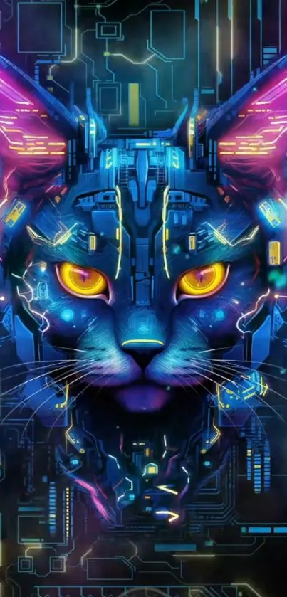 Electric blue cybernetic cat with neon accents on black background.