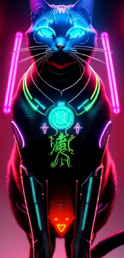 Futuristic neon cat with glowing elements and vibrant colors on a dark background.