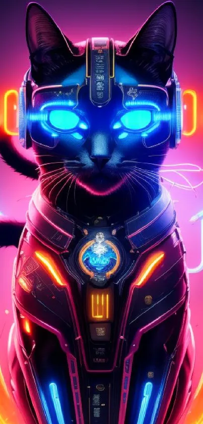 Futuristic neon cat with holographic elements and vibrant design.