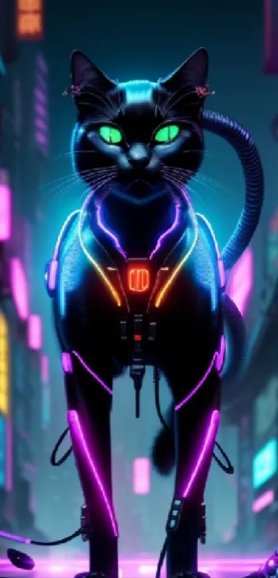 Cyber cat in neon city with glowing lights on a futuristic night scene.