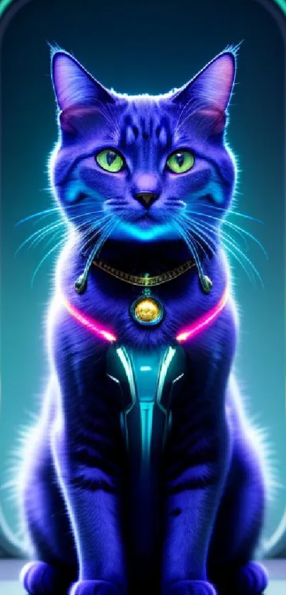 Futuristic neon cat with glowing eyes in a cyber setting.