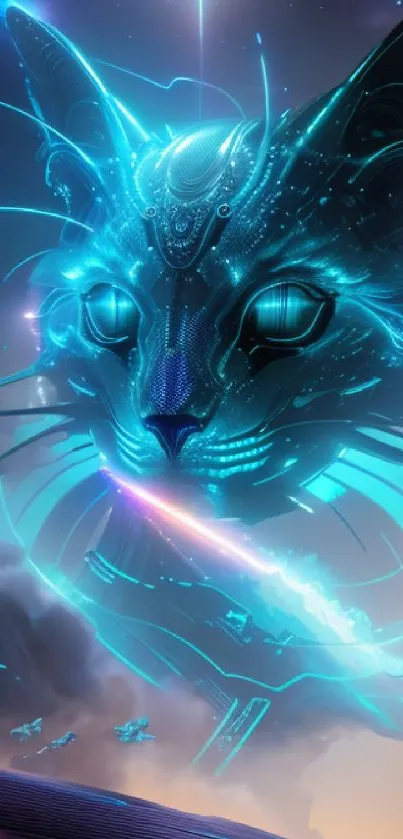 Futuristic cyber cat with neon design and cosmic background.