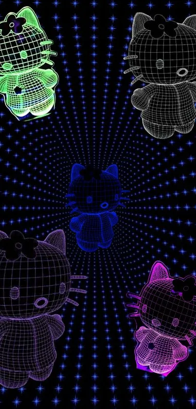 Futuristic neon cat design on grid background mobile wallpaper.