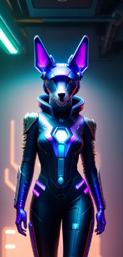 Futuristic cat warrior in neon suit stands in glowing corridor.