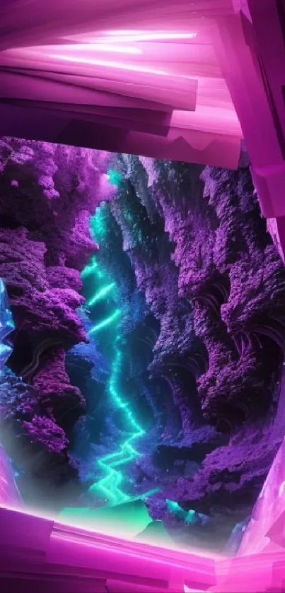 Futuristic neon cave wallpaper with purple and green hues.