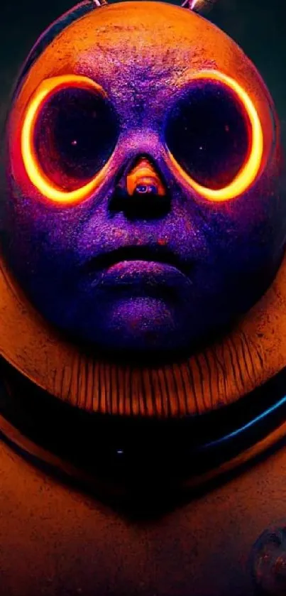 Futuristic character with neon glowing eyes and vibrant purple tones.