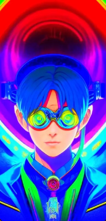 Neon-colored futuristic character with goggles on vibrant background.