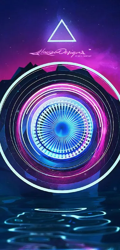 Futuristic neon circle art with vibrant geometric design and mystical background.