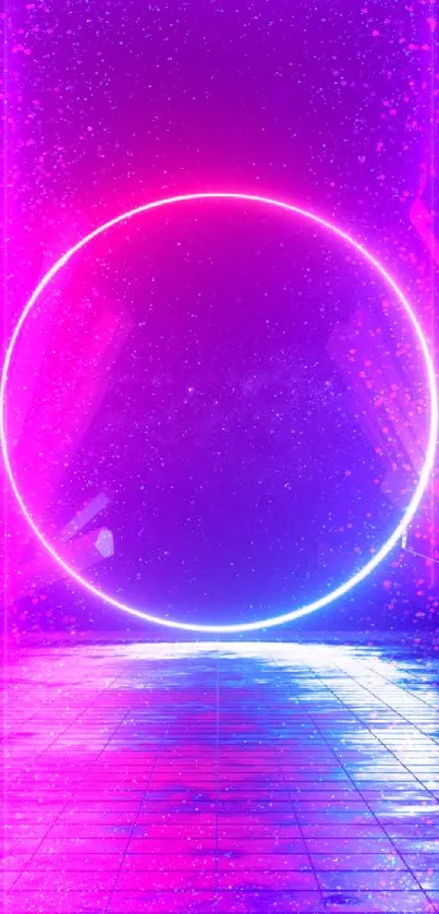 Futuristic neon circle amidst cosmic landscape.