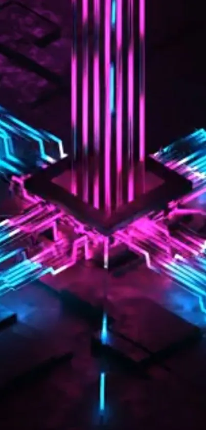 Futuristic neon circuit art in pink and blue tones.