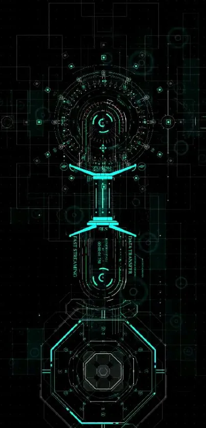 Futuristic neon circuit design with glowing teal elements on a dark background.