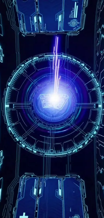 Futuristic neon circuit design with blue glow.