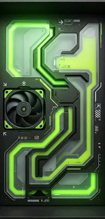 Futuristic neon circuit design with green highlights.