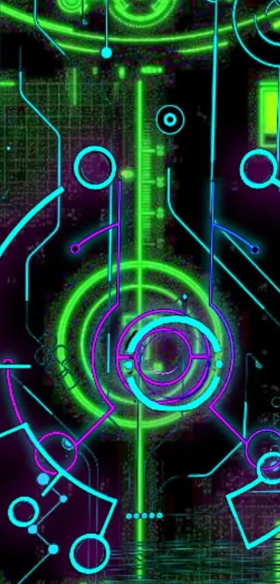 Futuristic wallpaper with neon green and blue circuit design.