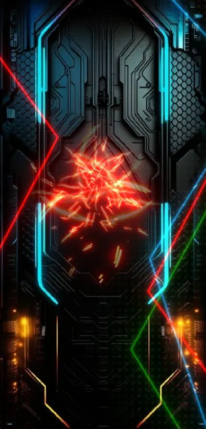 Futuristic neon circuit wallpaper with blue and orange lights.