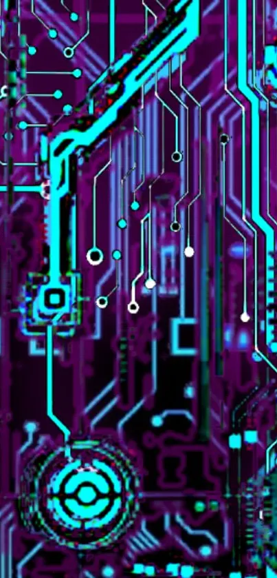 Futuristic neon circuit board wallpaper with vibrant blue and purple hues.