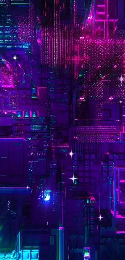 Futuristic neon circuit wallpaper in blue and pink hues.