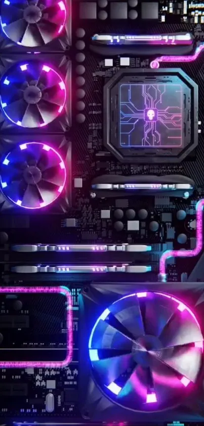 Vibrant futuristic neon circuit wallpaper with blue and pink hues.