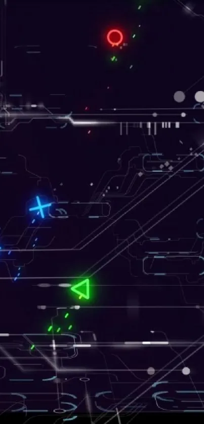 Futuristic neon circuit wallpaper with glowing digital shapes.