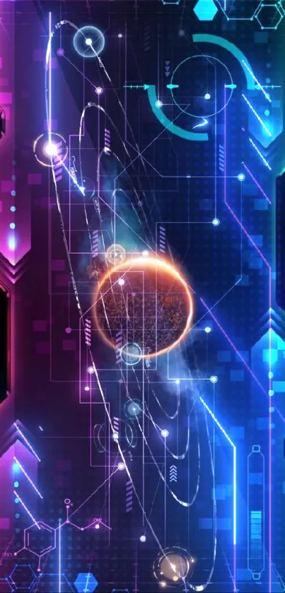 Futuristic neon circuit mobile wallpaper with cosmic design.