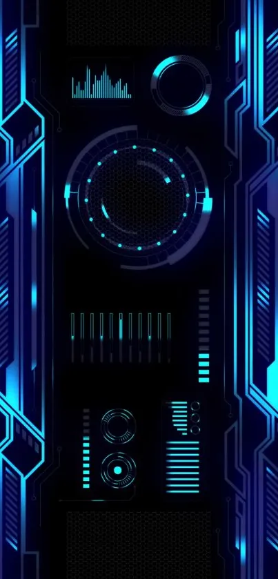 Futuristic neon circuit design wallpaper in blue and black, perfect for tech enthusiasts.