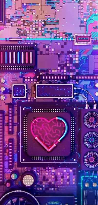 Neon heart circuitry in a futuristic tech design, vibrant colors.