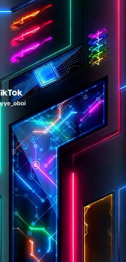 Futuristic neon circuit design wallpaper.