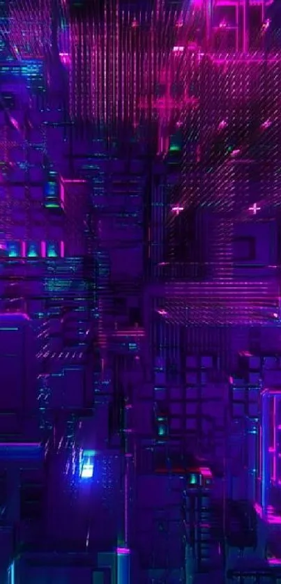 A futuristic neon circuit design with vibrant purple and blue hues.