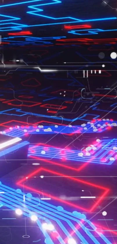 Futuristic neon circuitry with red and blue glowing lines and digital patterns.