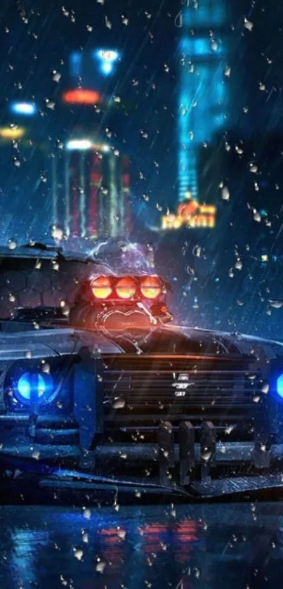 Futuristic car in neon-lit rainy city at night.