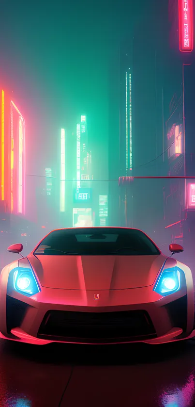 Futuristic car in a neon-lit cityscape with towering buildings.