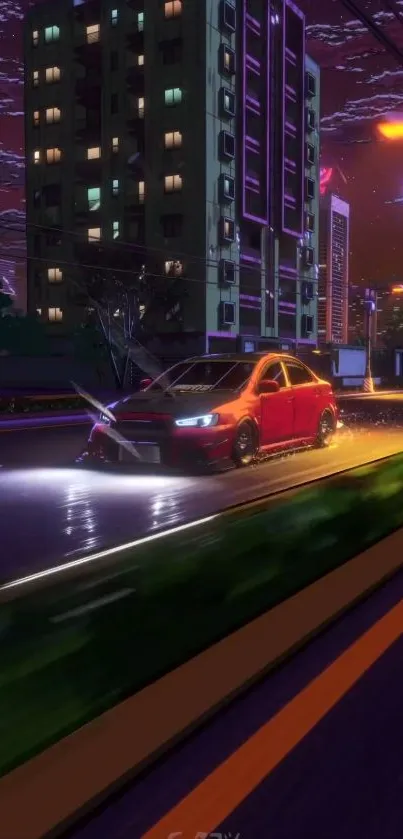 Futuristic cityscape with neon lights and a speeding car at night.