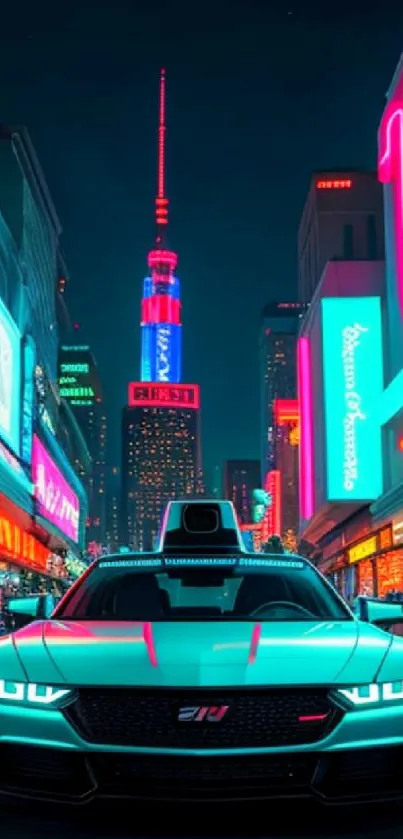 Futuristic car in neon-lit city street.