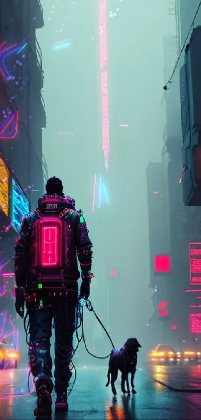 Futuristic neon cityscape with a traveler and dog in vibrant lights.