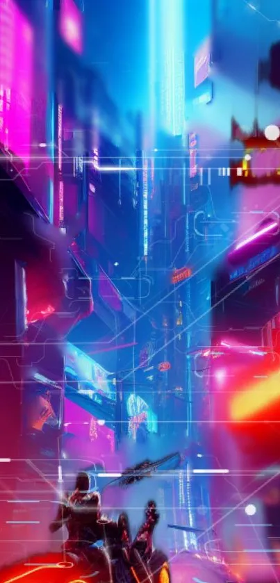 Futuristic neon city with vibrant colors and cyberpunk elements.