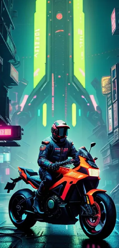 Futuristic neon cityscape with motorcyclist and vibrant lights.