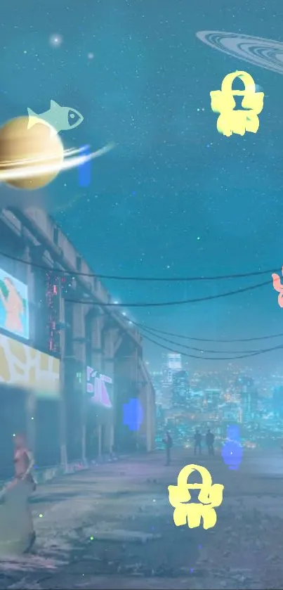 Futuristic cityscape with neon sky and floating icons.