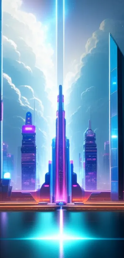 Futuristic city skyline with neon lights reflecting on water.