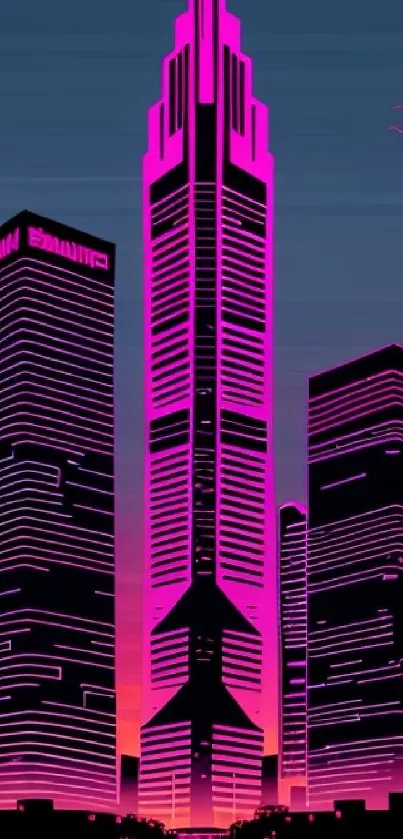 Futuristic neon city skyline with vibrant pink highlights.