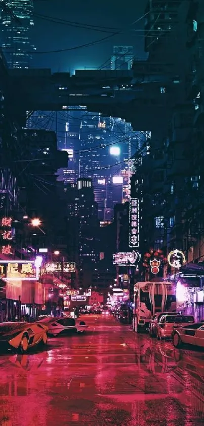 Neon-lit futuristic city street with vibrant colors and towering buildings.